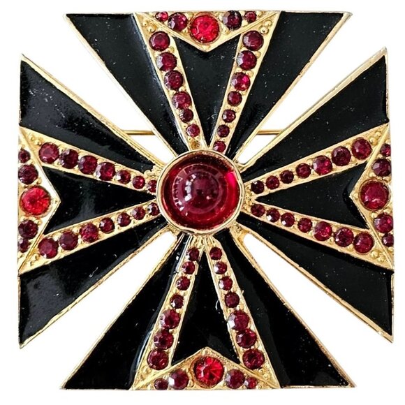 Maltese Cross Brooch Black Enamel, Red Rhinestone Pin Pendant - Picture 10 of 10
